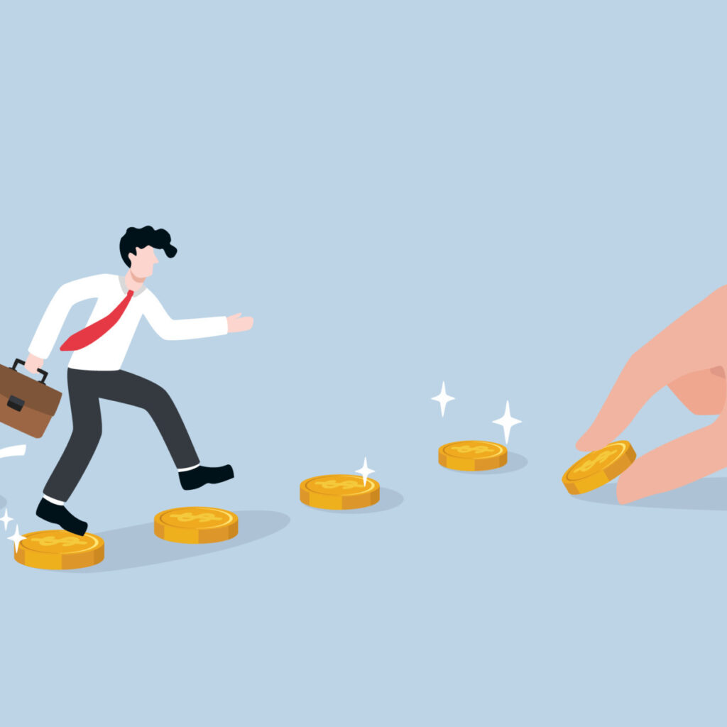 financial-investment-consultant-advice-to-make-profit-follow-guidance-or-direction-of-success-from-expert-mentor-concept-businessman-jumping-along-coins-path-putting-by-big-supporting-hand-vector